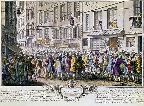 The trading Rue Quincampoix in 1720 (bankruptcy caused by Law). 18th century (engraving)