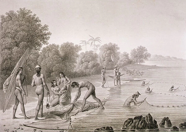 Traditional fishing methods used by the natives of the Mariannas Islands, from Voyage Autour du Monde (1817-20), by Louis Claude Desaulses de Freycinet (1779-1842) engraved by Bovinet, published 1822-24 (litho)