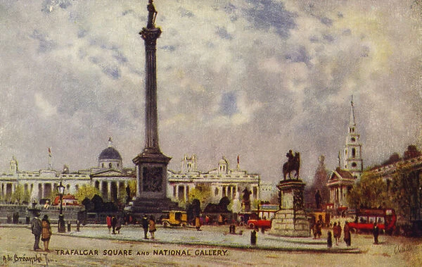 Trafalgar Square and the National Gallery (colour litho)
