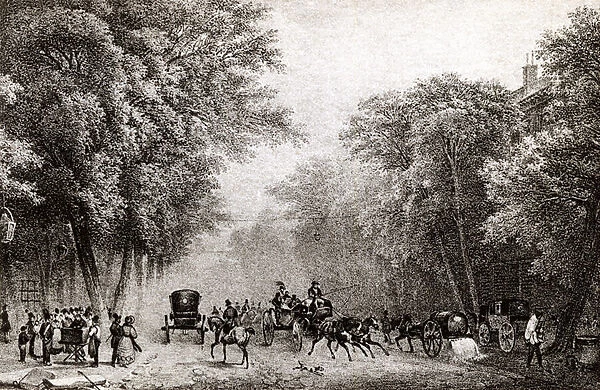 Traffic in Paris, France, in the 19th century, circa 1830 (engraving)