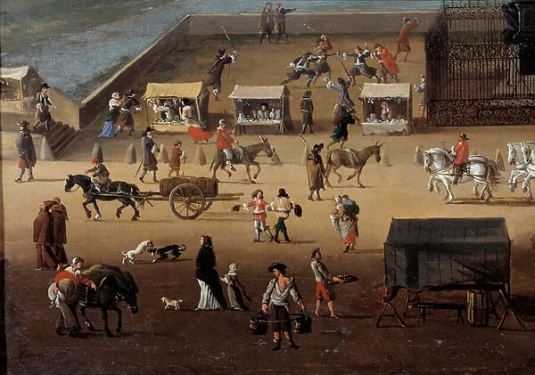 Traffic on the Pont Neuf in Paris in the 17th century Detail. Anonymous painting