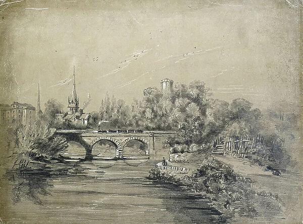 Train Crossing Bridge, 19th Century (pencil on paper)