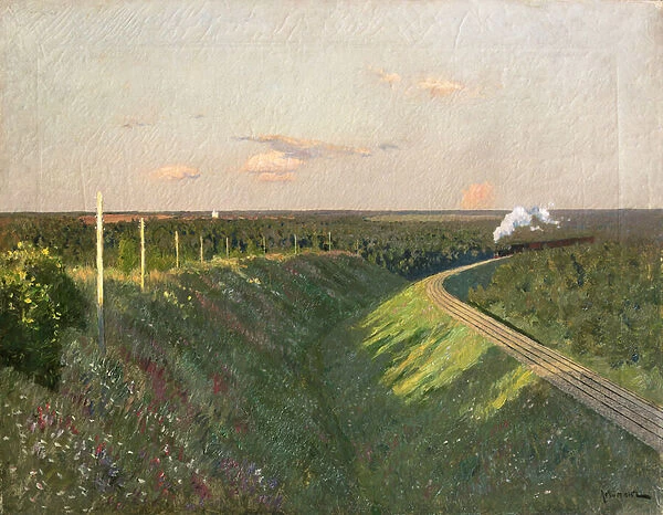 A Train on its Journey (oil on canvas)
