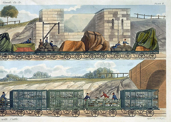 A Train of Wagons (top) and a Train of Cattle, Sheep and Pigs (bottom) from