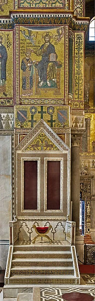transept: the royal throne and the Byzantine mosaic which depicts King William II crowned by Christ (mosaic)
