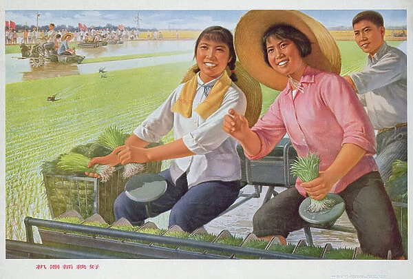 Transplanting seedlings with a machine is good, propaganda poster from the Chinese Cultural Revolution, 1970 (colour litho)