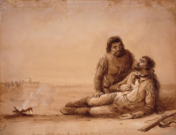 Trappers without Ammunition and in a Starving Condition near Independence Rock, c. 1850 (sepia wash on paper)
