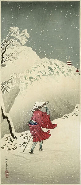 Traveller in the snow (colour woodblock print)