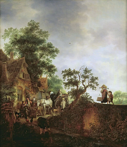 Travellers by an Inn (oil on canvas)