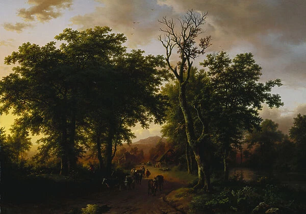 Travellers on a Path at Sunset (oil on panel)
