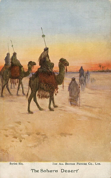 Travellers in the Sahara Desert (colour litho)