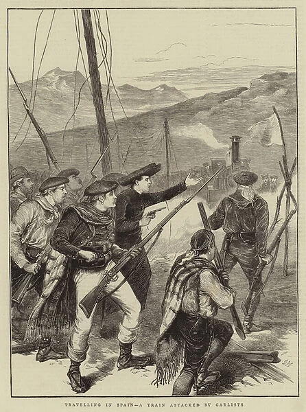 Travelling in Spain, a Train attacked by Carlists (engraving)