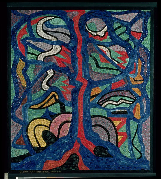 Tree, composition in red, black, blue and yellow (mosaic)
