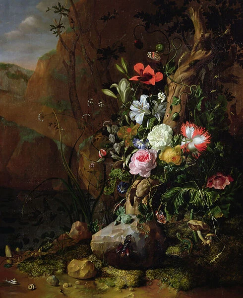 Tree trunk surrounded by flowers, butterflies and animals, 1685 (oil on canvas)