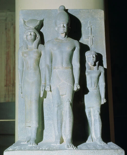 Triad of Menkaure (Mycerinus) with the goddess Hathor and one of the nome deities