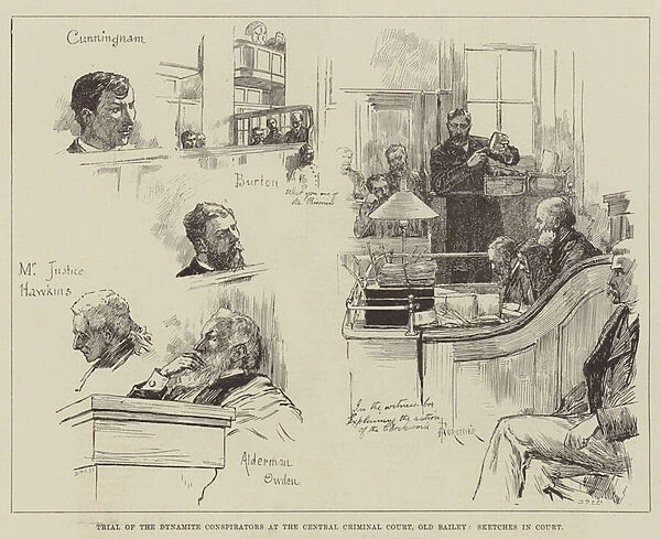Trial of Dynamite Conspirators at the Central Criminal Court, Old Bailey, Sketches in Court (engraving)
