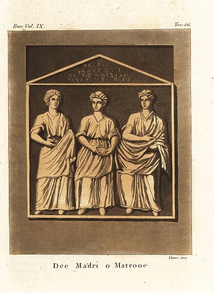 Triple deities of the ancient Germans, Mairae or Mairabus (handcoloured copperplate engraving)
