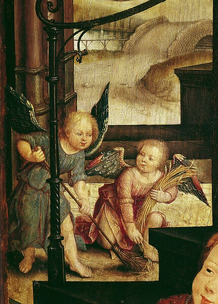 Triptych of the Adoration of the Child, detail of two angels sweeping from the right hand panel