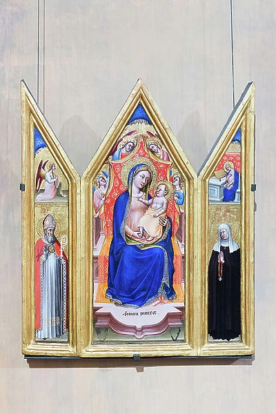 Triptych, enthroned Madonna and Child with angels (centre), angel of the annunciation and saint Augustine (left), Virgin annunciate and saint Monica (right), 14th century (oil on panel)