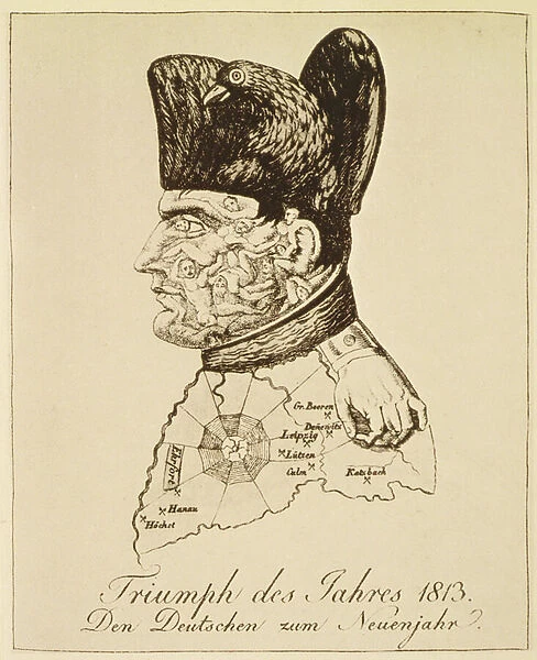 Triumph des Jahres 1813, portrait of Napoleon composed of corpses (engraving)