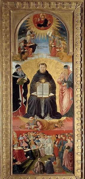 The triumph of St. Thomas Aquinas (1225-1274) is represented surrounded by Plato (right