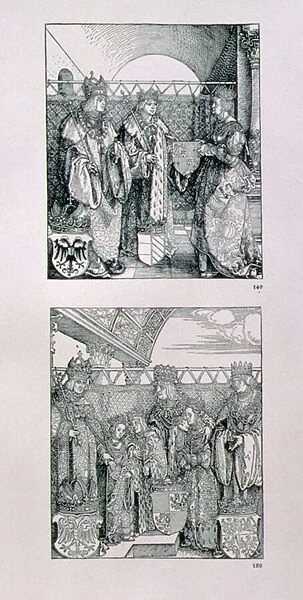 The Triumphal Arch of Emperor Maximilian I (1459-1519): detail showing two panels placed above the left-hand portal depicting events in the life of Emperor Maximilian, pub. 1517 / 28 (woodcut)