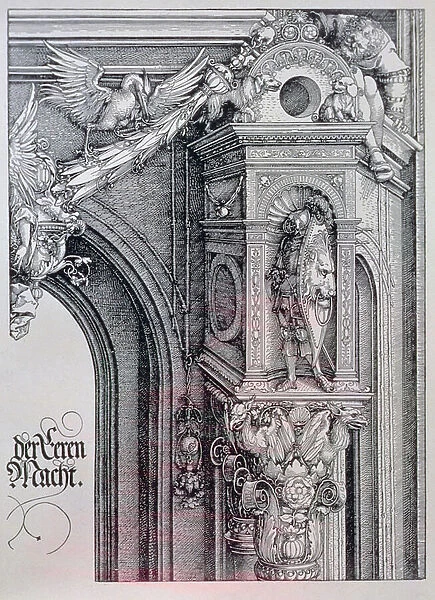 The Triumphal Arch of Emperor Maximilian I (1459-1519): detail of central arch (the Gate of Honor and Power) showing a foliate and animated column capital supporting a knight standing in an architectural niche