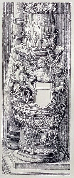 The Triumphal Arch of Emperor Maximilian I of Germany (1459-1519): detail of central Gates of Honour and Power, left-hand column base embellished with bands of foliage and winged female griffins, dated 1515, pub. 1517 / 18 (woodcut)