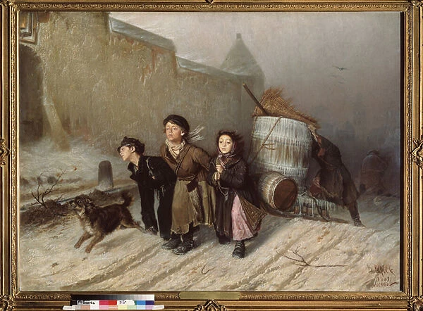 Troika (Traineau). Les apprentis cherchant de l eau. (Rue en hiver). Peinture de Vasili (Vassili) Grigoryevich Perov (1834-1882), huile sur toile, 1866. Art russe, 19e siecle. State Tretyakov Gallery, Moscou