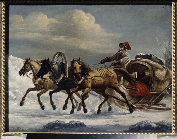 Troika (traineau tire par un attelage de trois chevaux). Peinture de Alexander Osipovich Orlowski (1777-1832), huile sur metal, 1816. Art polonais, 19e siecle. State Open Air Museum, Oranienbaum (Russie)