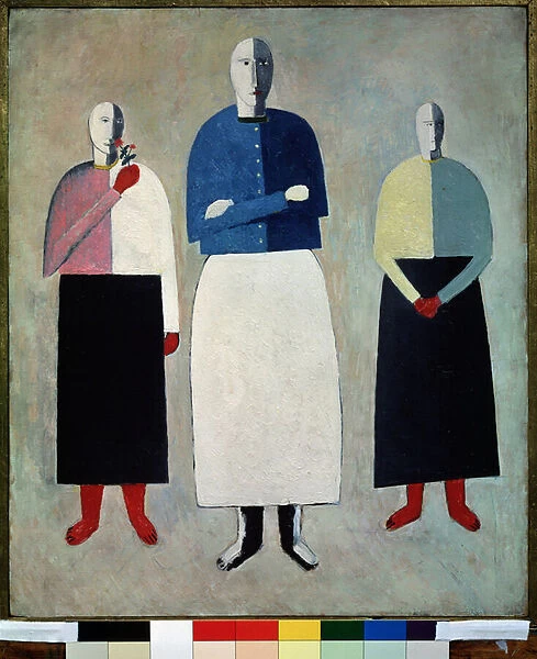Trois femmes (Three Girls). Les trois ont le crane chauve, vetues d une jupe droite et d un gilet boutonne. Peinture de Kasimir Severinovich Malevitch (Malevich, Malevic) (1878-1935), huile sur bois, 1928-1932