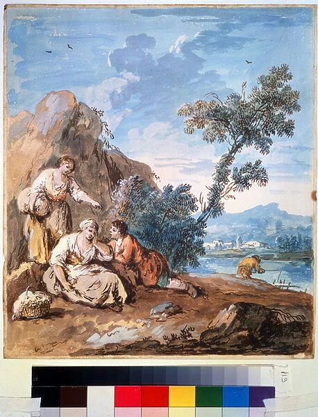 Trois paysans se reposant au bord d un fleuve (Three peasants resting on a river bank). Peinture de Giuseppe Zais (1709-1784). Aquarelle sur papier, 29, 5 x 26, 2 cm, vers 1750. Ecole venitienne, peinture italienne 18e siecle
