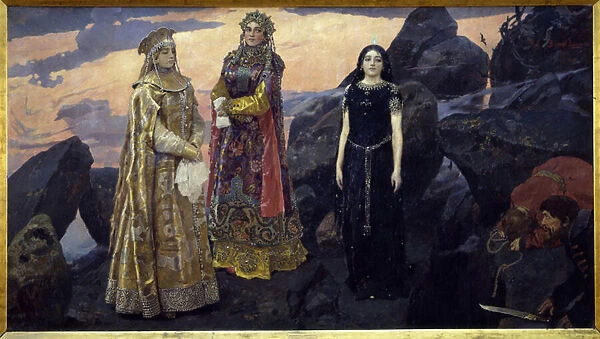 Trois reines du royaume souterrain. Peinture de Viktor Mikhaylovich Vasnetsov (1848-1926), huile sur toile, 1884. Art russe, 19e siecle. Museum of Russian Art, Kiev (Ukraine)