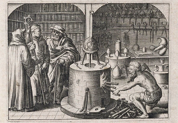 Trois savants conversent dans l atelier d alchimie, avec four et instruments - Gravure de Theodore de Bry (1528-1598), pour le traite d alchimie 'Tripus avreus, hoc est
