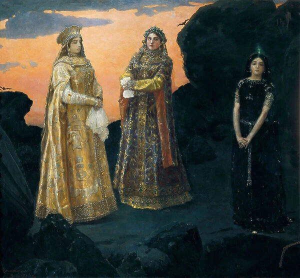 Trois Tsarevnas de la royaute clandestine. Peinture de Viktor Vasnetsov, (1848-1926), 1879-1881. Huile sur toile. Moscou, Tretyakov Gallery