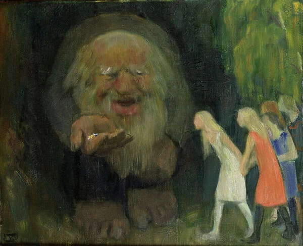 The troll lured the girls with gold (oil on canvas)