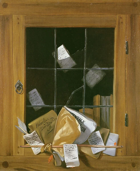 Trompe l oeil of a cabinet door (oil on canvas)
