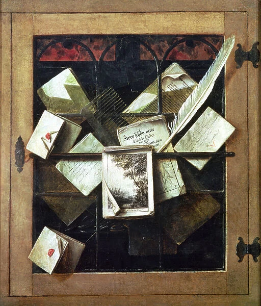 Trompe l oeil with letters and notebooks, 1665 (oil on canvas)