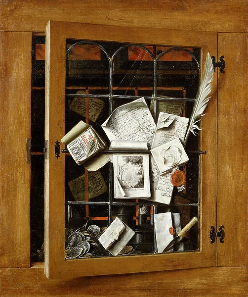 A trompe l oeil of an open glazed cupboard door, with numerous papers and objects