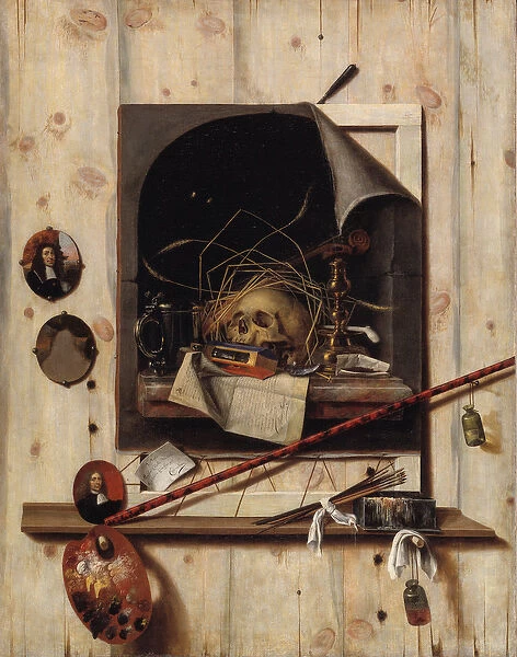 Trompe l oeil with Studio Wall and Vanitas Still Life, 1668 (oil on canvas)