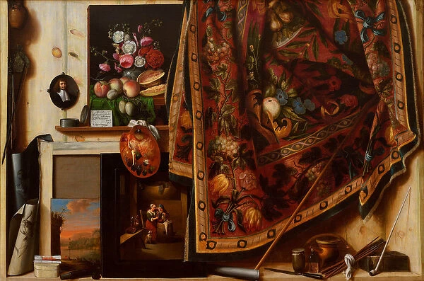 'Trompe l'oeil, atelier de l'artiste' (Trompe l'oeil A Cabinet in the Artist's Studio) Peinture de Cornelis Norbertus Gijsbrechts (Gysbrechts) (avant 1657-apres 1675)