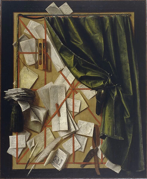 Trompe l'oeil: Letter rack with an hourglass, a razor and scissors, 1664 (oil on canvas)