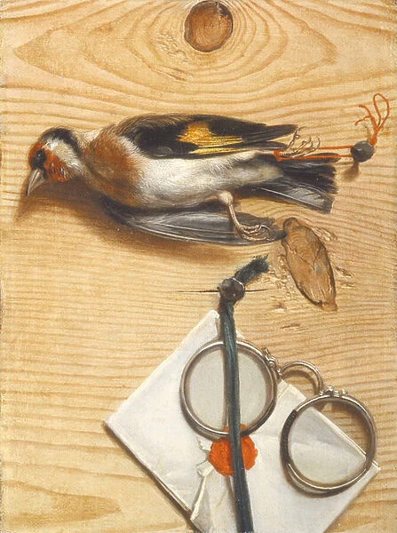 A tromple l oeil of a pair of spectacles and a finch, 1740 (oil on canvas)