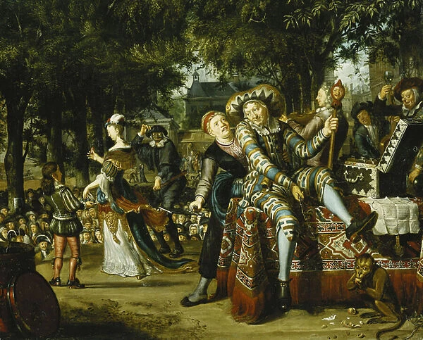 A Troop of Actors Performing Before a Crowd, (oil on panel)