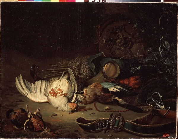 Trophees de chasse (Hunting trophys). Peinture de Jan Weenix le jeune (1642-1719). Huile sur toile, fin 17e-debut 18e siecle. Art hollandais, style baroque. State Open-air Museum Peterhof, Saint Petersbourg