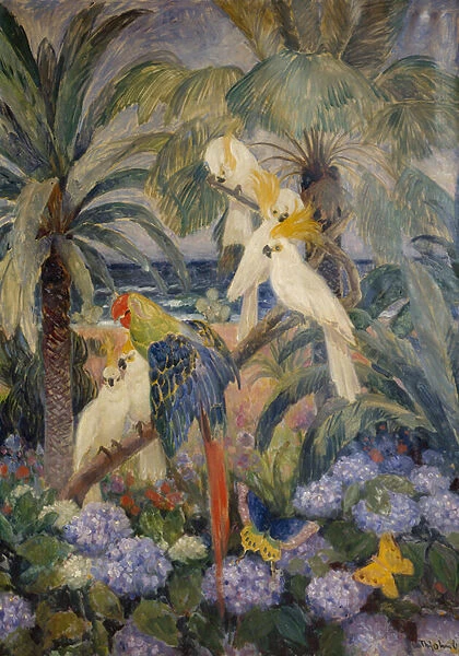Tropical landscape with parrots (oil on canvas)