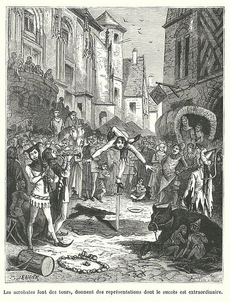 Troupe of acrobats performing on a street in medieval France (engraving)