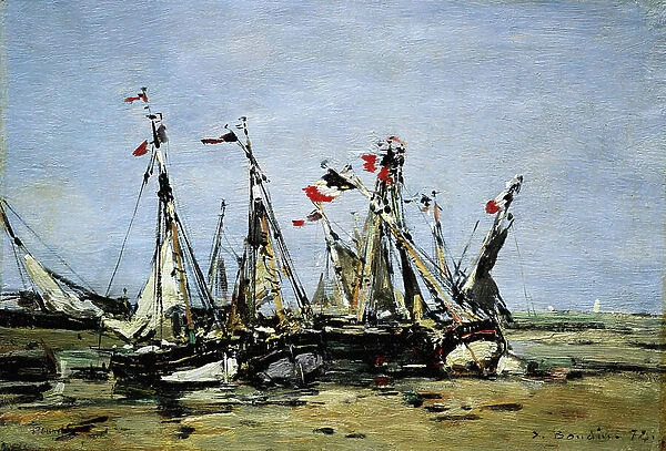 Trouville (France), waiting for the tide, fishing boats on the beach, decorated with French flags, commemorating the French Revolution of 1789