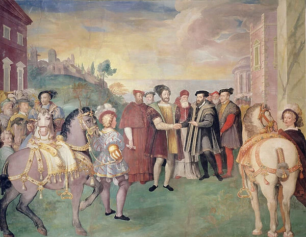 The Truce of Nice between Francois I and the Emperor Charles V in 1538, in the centre