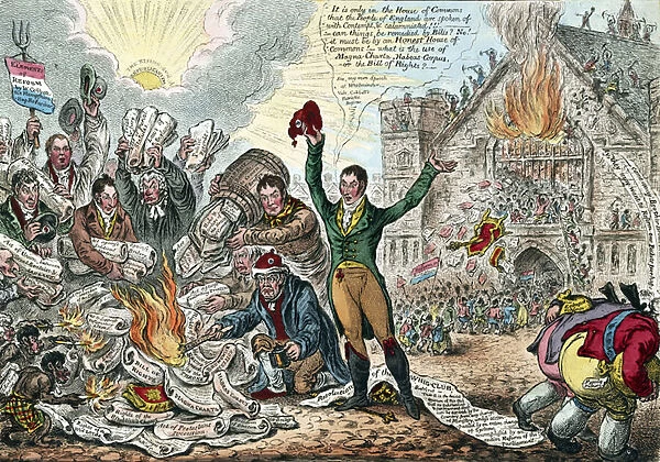 True reform of Parliament, patriots lighting a revolutionary-bonfire in new Palace Yard by James Gillray